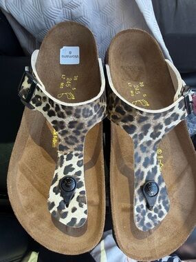 Papillio Leopard Print T-Strap Sandals in Brown and Black